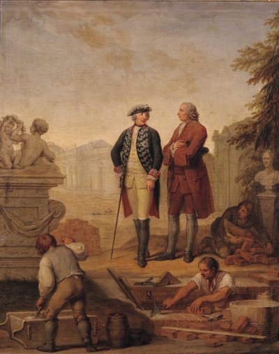 King Frederick II of Prussia and the Marquis of Argens Inspecting the Construction of Sanssouci in Potsdam by Johann Christoph Frisch